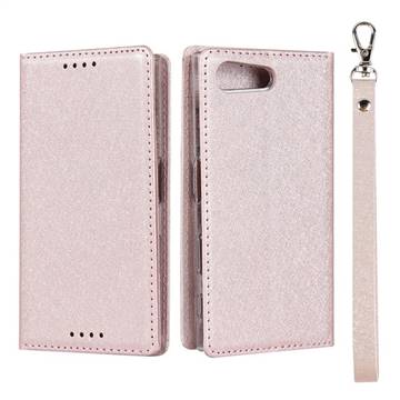 Ultra Slim Magnetic Automatic Suction Silk Lanyard Leather Flip Cover for Sony Xperia X Compact X Mini - Rose Gold