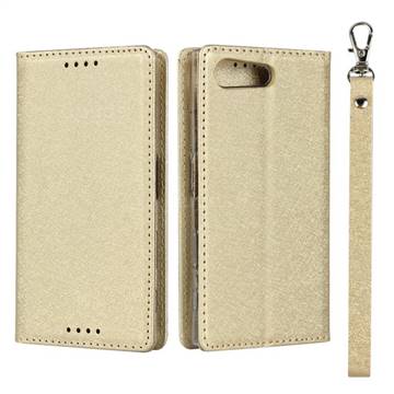 Ultra Slim Magnetic Automatic Suction Silk Lanyard Leather Flip Cover for Sony Xperia X Compact X Mini - Golden