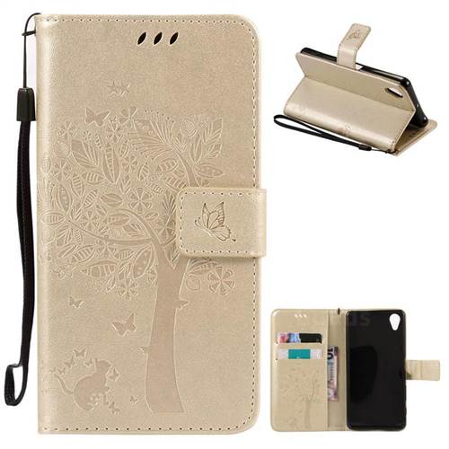 Embossing Butterfly Tree Leather Wallet Case for Sony Xperia X Performance - Champagne