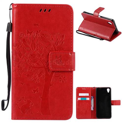 Embossing Butterfly Tree Leather Wallet Case for Sony Xperia X Performance - Red