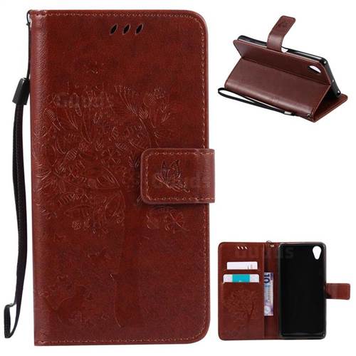 Embossing Butterfly Tree Leather Wallet Case for Sony Xperia X Performance - Brown