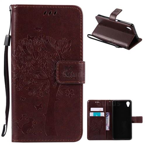 Embossing Butterfly Tree Leather Wallet Case for Sony Xperia X Performance - Coffee