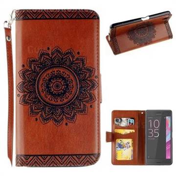 Embossed Datura Flower PU Leather Wallet Case for Sony Xperia X Performance - Brown