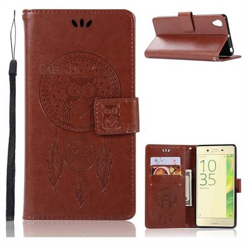 Intricate Embossing Owl Campanula Leather Wallet Case for Sony Xperia X Performance - Brown