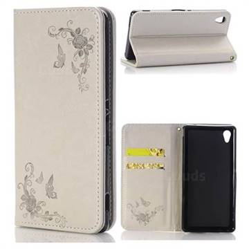 Intricate Embossing Slim Butterfly Rose Leather Holster Case for Sony Xperia X Performance - Grey