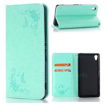 Intricate Embossing Slim Butterfly Rose Leather Holster Case for Sony Xperia X Performance - Mint Green