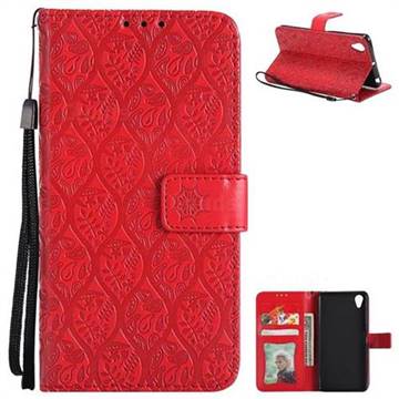 Intricate Embossing Rattan Flower Leather Wallet Case for Sony Xperia X Performance - Red