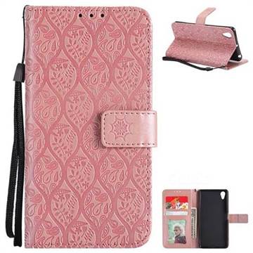 Intricate Embossing Rattan Flower Leather Wallet Case for Sony Xperia X Performance - Pink