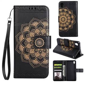 Embossing Half Mandala Flower Leather Wallet Case for Sony Xperia X Performance - Black