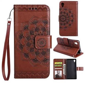 Embossing Half Mandala Flower Leather Wallet Case for Sony Xperia X Performance - Brown