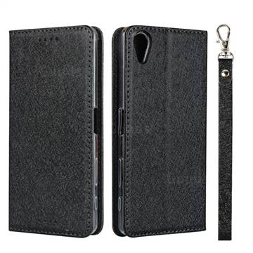 Ultra Slim Magnetic Automatic Suction Silk Lanyard Leather Flip Cover for Sony Xperia X Performance - Black