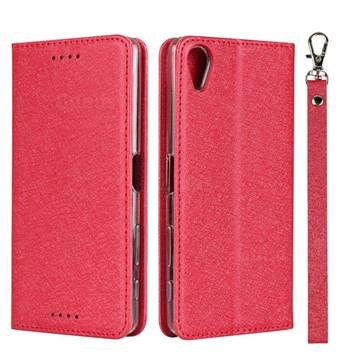 Ultra Slim Magnetic Automatic Suction Silk Lanyard Leather Flip Cover for Sony Xperia X Performance - Red