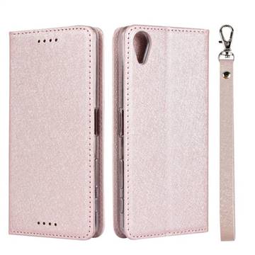 Ultra Slim Magnetic Automatic Suction Silk Lanyard Leather Flip Cover for Sony Xperia X Performance - Rose Gold