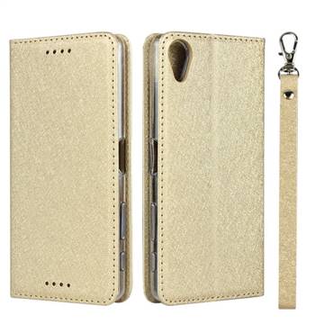 Ultra Slim Magnetic Automatic Suction Silk Lanyard Leather Flip Cover for Sony Xperia X Performance - Golden