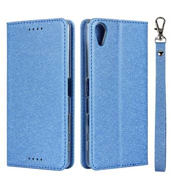 Ultra Slim Magnetic Automatic Suction Silk Lanyard Leather Flip Cover for Sony Xperia X Performance - Sky Blue