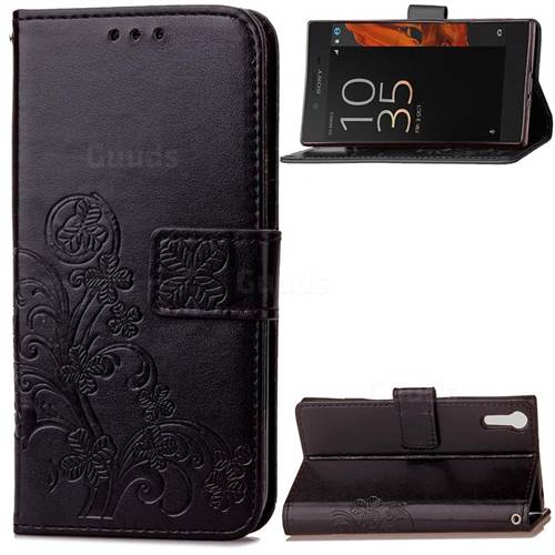 Embossing Imprint Four-Leaf Clover Leather Wallet Case for Sony Xperia XZ / XZ Dual - Black