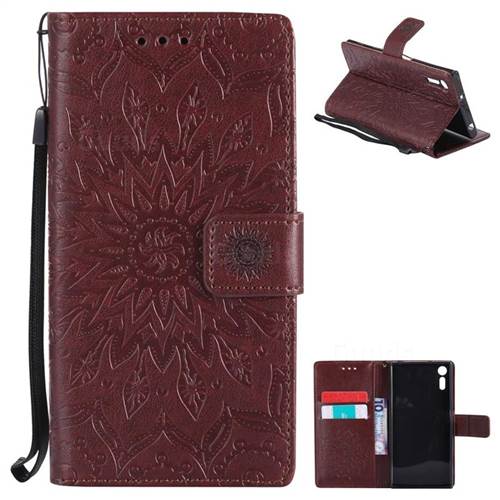 Embossing Sunflower Leather Wallet Case for Sony Xperia XZ - Brown