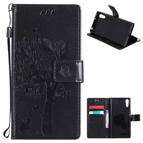 Embossing Butterfly Tree Leather Wallet Case for Sony Xperia XZ - Black