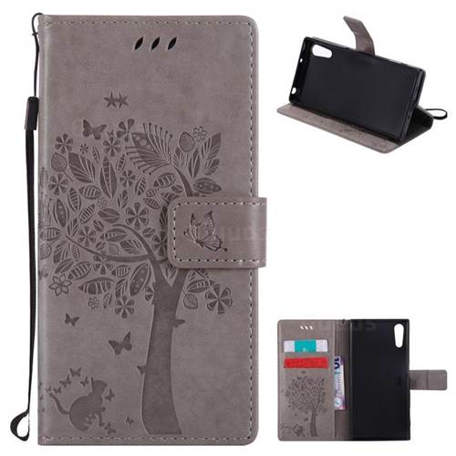 Embossing Butterfly Tree Leather Wallet Case for Sony Xperia XZ - Grey