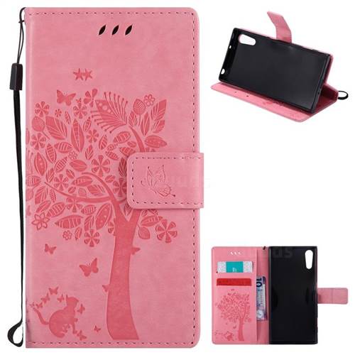 Embossing Butterfly Tree Leather Wallet Case for Sony Xperia XZ - Pink