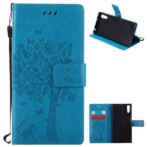 Embossing Butterfly Tree Leather Wallet Case for Sony Xperia XZ - Blue