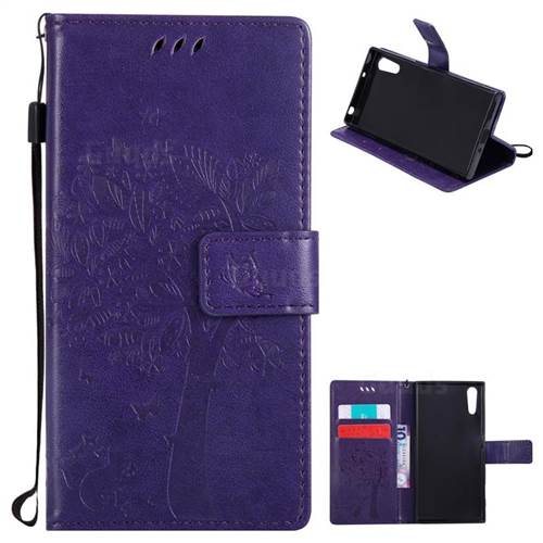Embossing Butterfly Tree Leather Wallet Case for Sony Xperia XZ - Purple