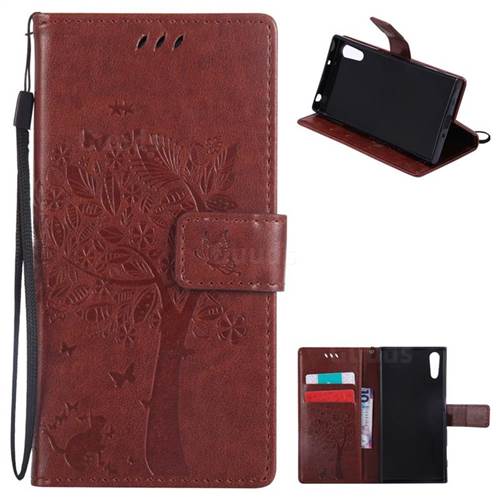 Embossing Butterfly Tree Leather Wallet Case for Sony Xperia XZ - Brown