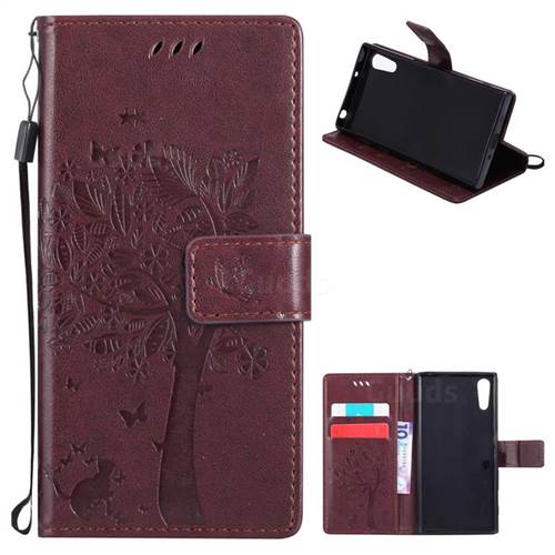 Embossing Butterfly Tree Leather Wallet Case for Sony Xperia XZ - Coffee