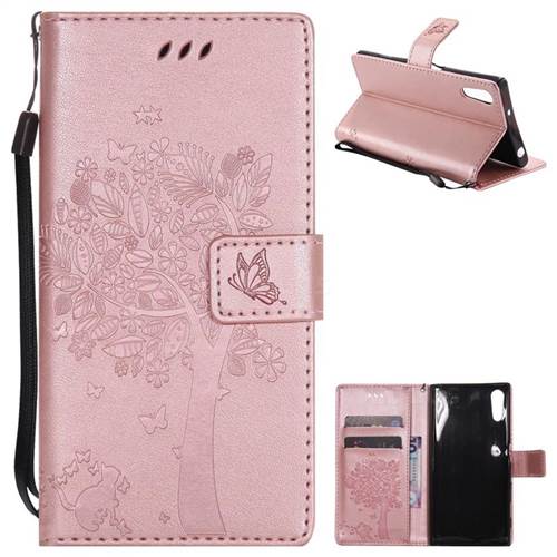 Embossing Butterfly Tree Leather Wallet Case for Sony Xperia XZ - Rose Pink