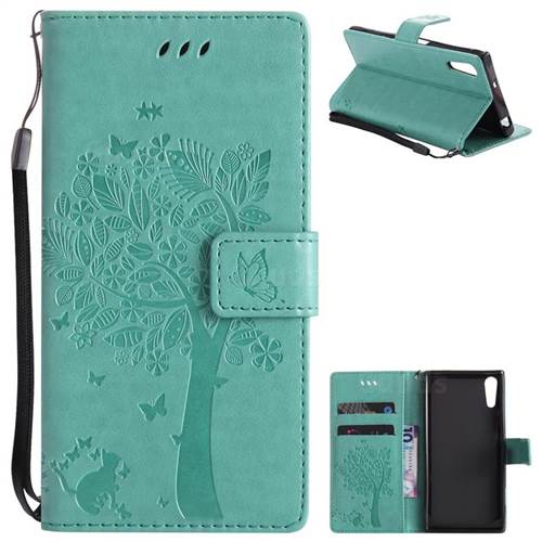 Embossing Butterfly Tree Leather Wallet Case for Sony Xperia XZ - Cyan