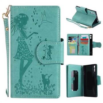 Embossing Cat Girl 9 Card Leather Wallet Case for Sony Xperia XZ - Green