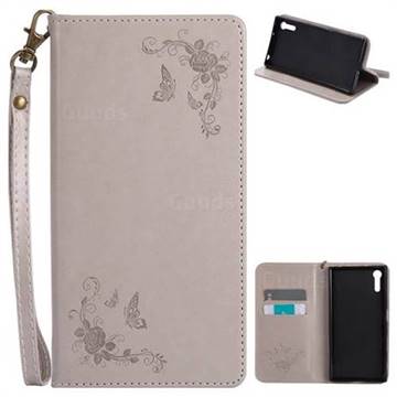 Intricate Embossing Slim Butterfly Rose Leather Holster Case for Sony Xperia XZ XZs - Grey
