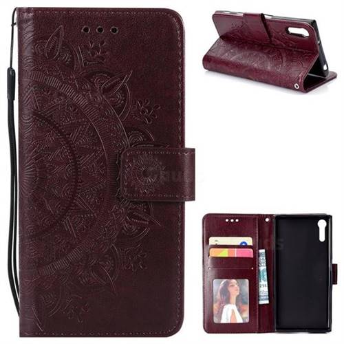 Intricate Embossing Datura Leather Wallet Case for Sony Xperia XZ XZs - Brown