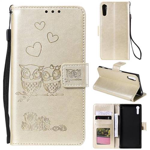 Embossing Owl Couple Flower Leather Wallet Case for Sony Xperia XZ XZs - Golden