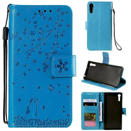 Embossing Cherry Blossom Cat Leather Wallet Case for Sony Xperia XZ XZs - Blue