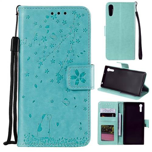 Embossing Cherry Blossom Cat Leather Wallet Case for Sony Xperia XZ XZs - Green