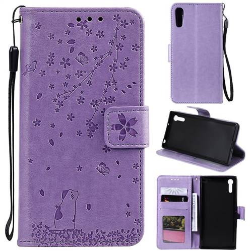Embossing Cherry Blossom Cat Leather Wallet Case for Sony Xperia XZ XZs - Purple