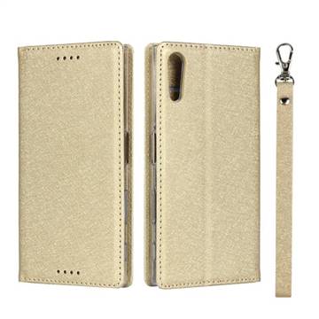 Ultra Slim Magnetic Automatic Suction Silk Lanyard Leather Flip Cover for Sony Xperia XZ XZs - Golden