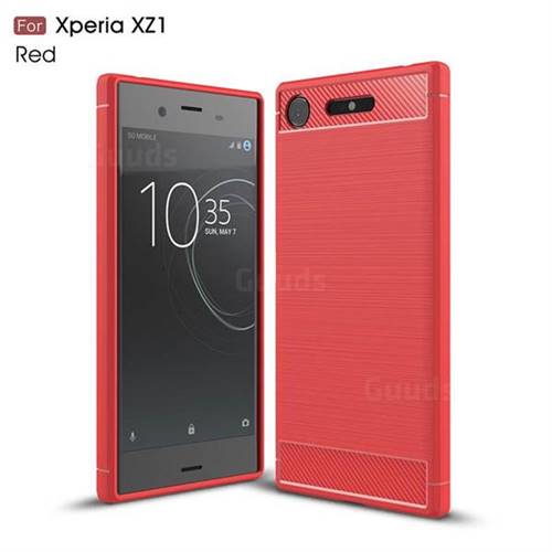 Luxury Carbon Fiber Brushed Wire Drawing Silicone TPU Back Cover for Sony Xperia XZ1 (Red)