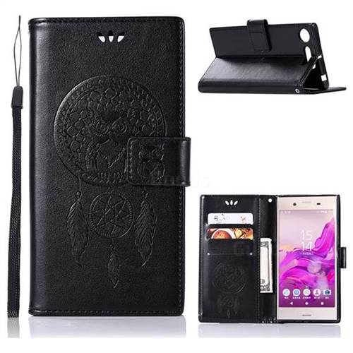 Intricate Embossing Owl Campanula Leather Wallet Case for Sony Xperia XZ1 - Black