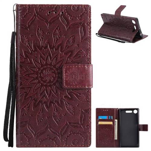 Embossing Sunflower Leather Wallet Case for Sony Xperia XZ1 - Brown