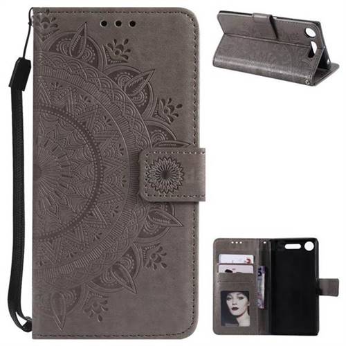 Intricate Embossing Datura Leather Wallet Case for Sony Xperia XZ1 - Gray