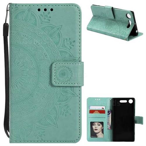 Intricate Embossing Datura Leather Wallet Case for Sony Xperia XZ1 - Mint Green