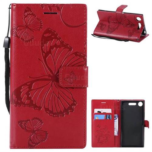 Embossing 3D Butterfly Leather Wallet Case for Sony Xperia XZ1 - Red