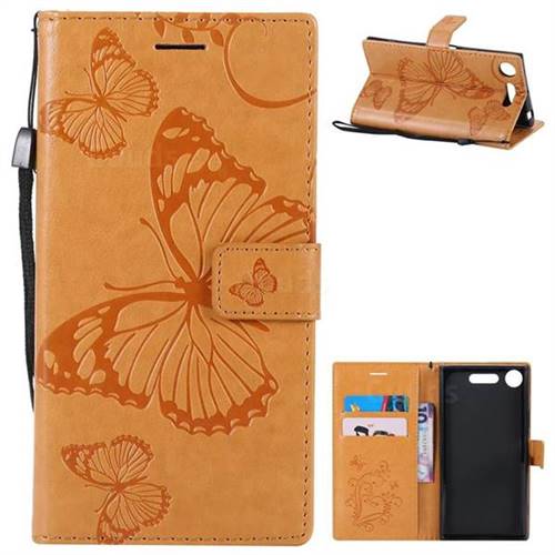 Embossing 3D Butterfly Leather Wallet Case for Sony Xperia XZ1 - Yellow