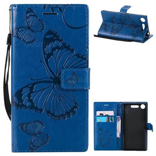 Embossing 3D Butterfly Leather Wallet Case for Sony Xperia XZ1 - Blue