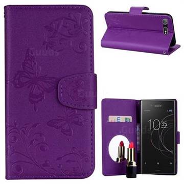 Embossing Butterfly Morning Glory Mirror Leather Wallet Case for Sony Xperia XZ1 - Purple