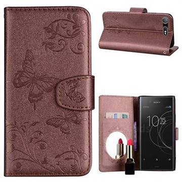 Embossing Butterfly Morning Glory Mirror Leather Wallet Case for Sony Xperia XZ1 - Coffee