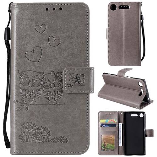 Embossing Owl Couple Flower Leather Wallet Case for Sony Xperia XZ1 - Gray