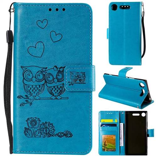 Embossing Owl Couple Flower Leather Wallet Case for Sony Xperia XZ1 - Blue